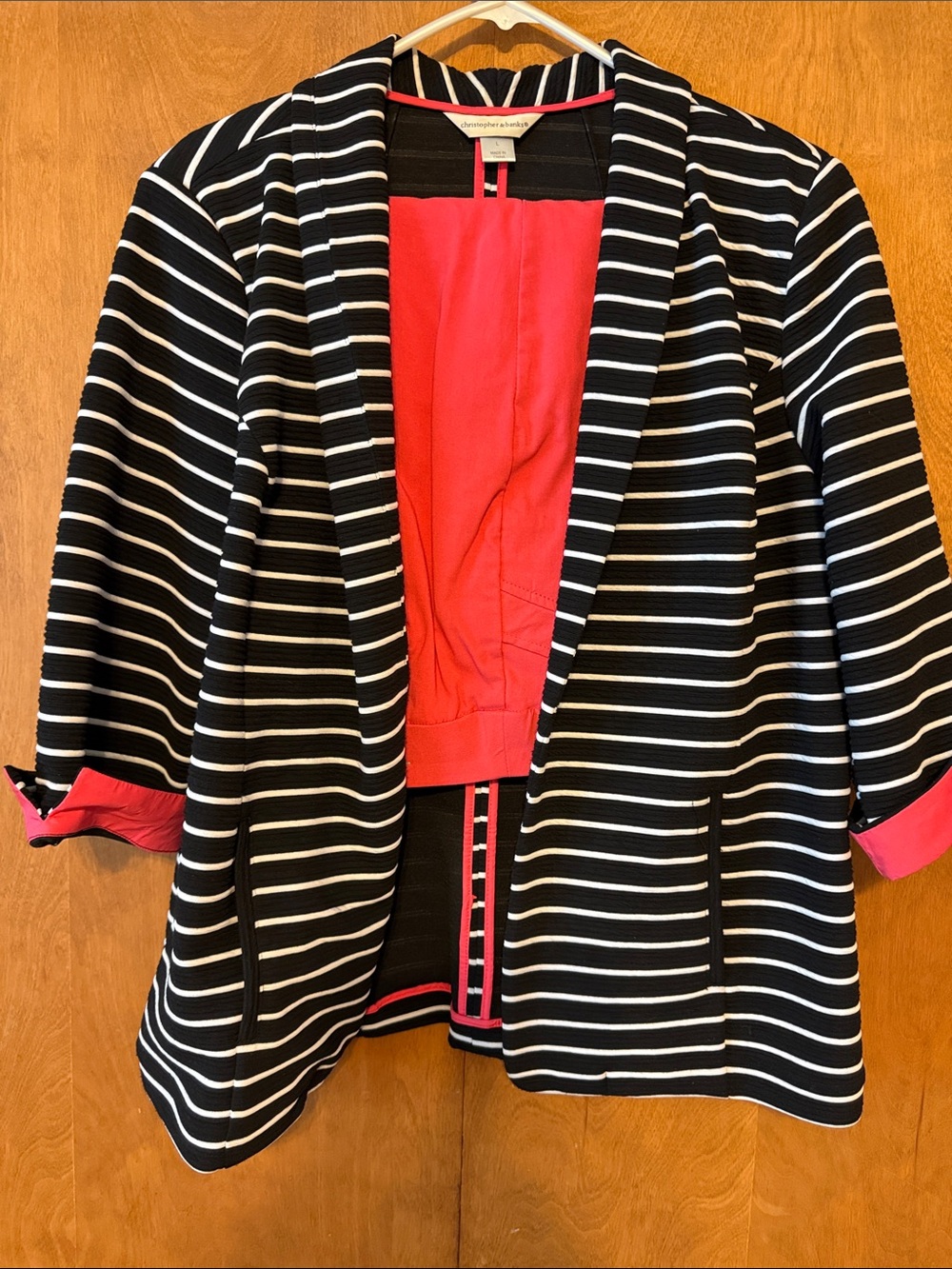 Christopher & Banks Black and White Striped Blazer with Pink Lining and Capris